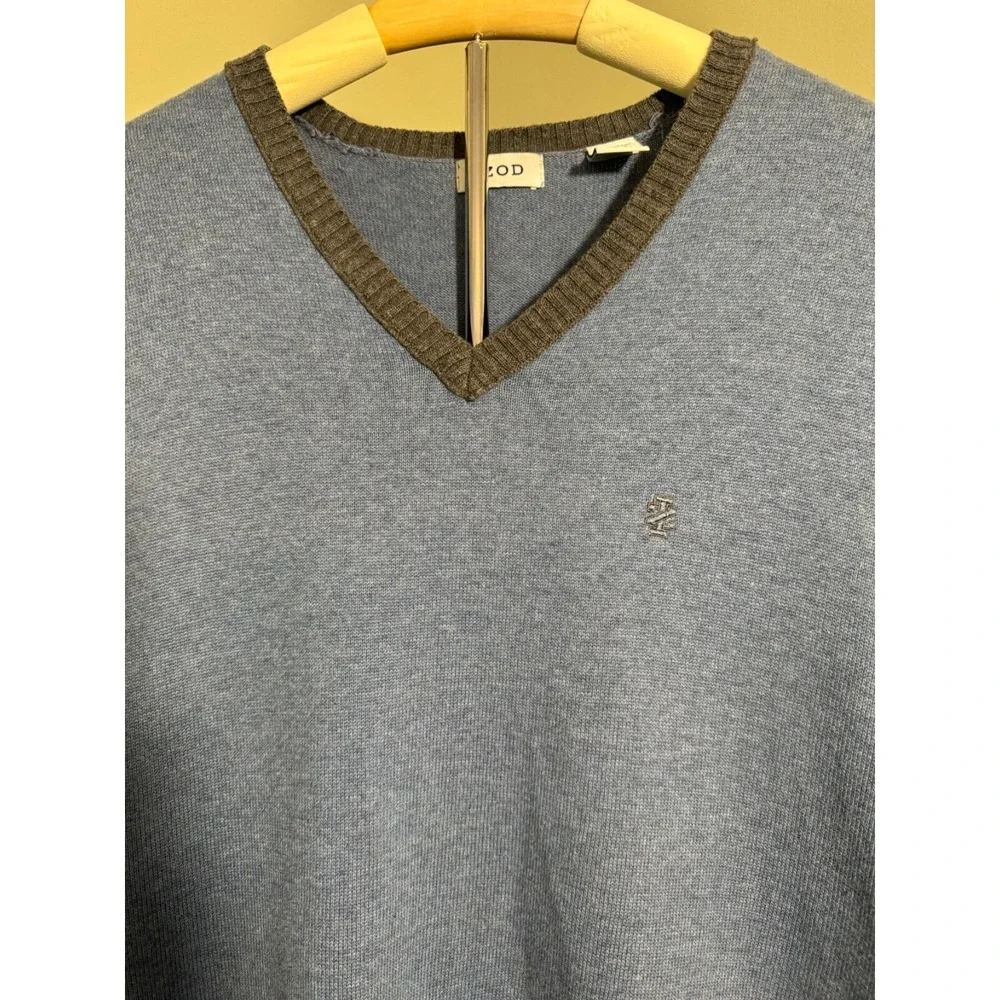 IZOD Mens V-Neck Sweater Vest XXL Blue Gray 100% Cotton Knit Sleeveless Pullover